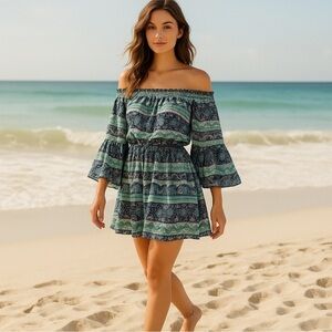 Francesca's Collection Alya Mint & Navy Paisley Off Shoulder Mini Dress